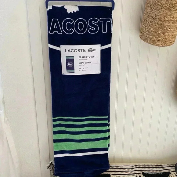 LACOSTE Beach Towel Ocean Blue Green Logo Cotton Beach Pool Towel 36” x 72” NEW! - Picture 1 of 5